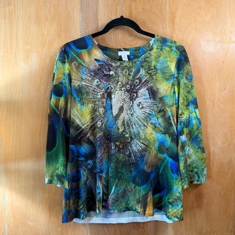 Vibrant Whimsical Chico's Peacock Feather Artsy Sz 2 Embellished Top